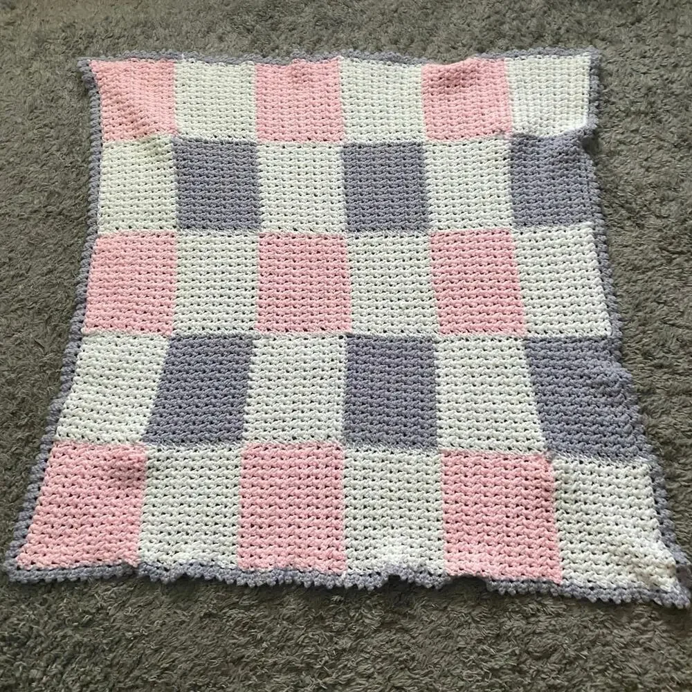 Vintage Hand Crochet knit Baby Blanket 42.5X42.5 color squares and flowers